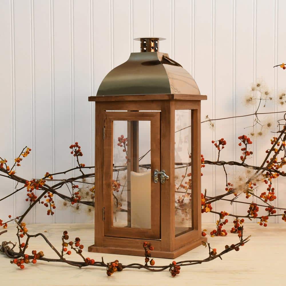 Lantern 7.5 in. x 17 in. Wooden Brown Lantern Copper Roof with LED Candle - Hercitys