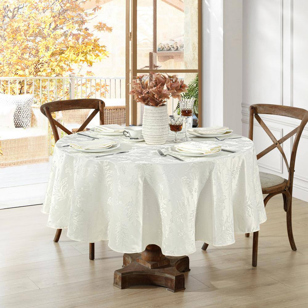 60 in. W x 84 in. L Oval Ivory Elegant Woven Leaves Jacquard Damask Tablecloth - Hercitys