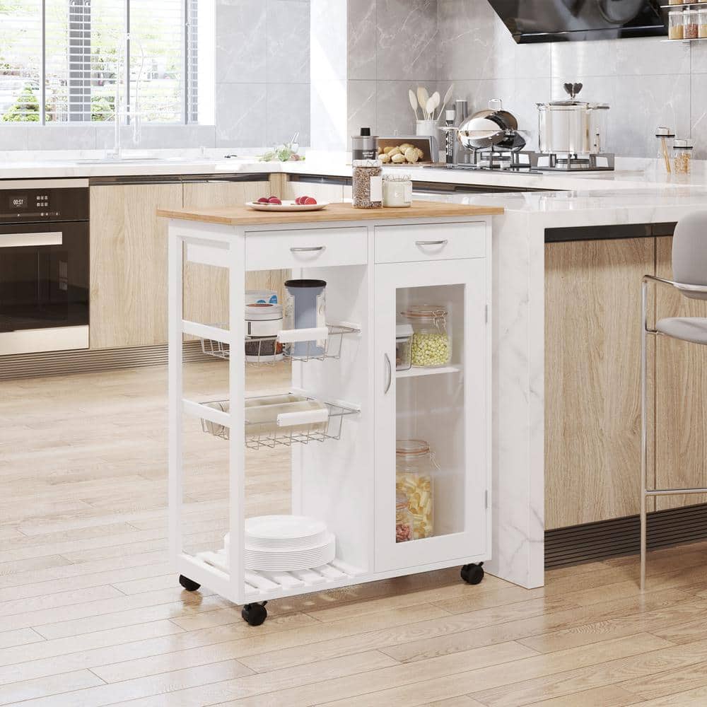 White Wood 27.5 in. Kitchen Island with Solid Bamboo Top, Wire Basket, Door Cabinet and Drawers - Hercitys