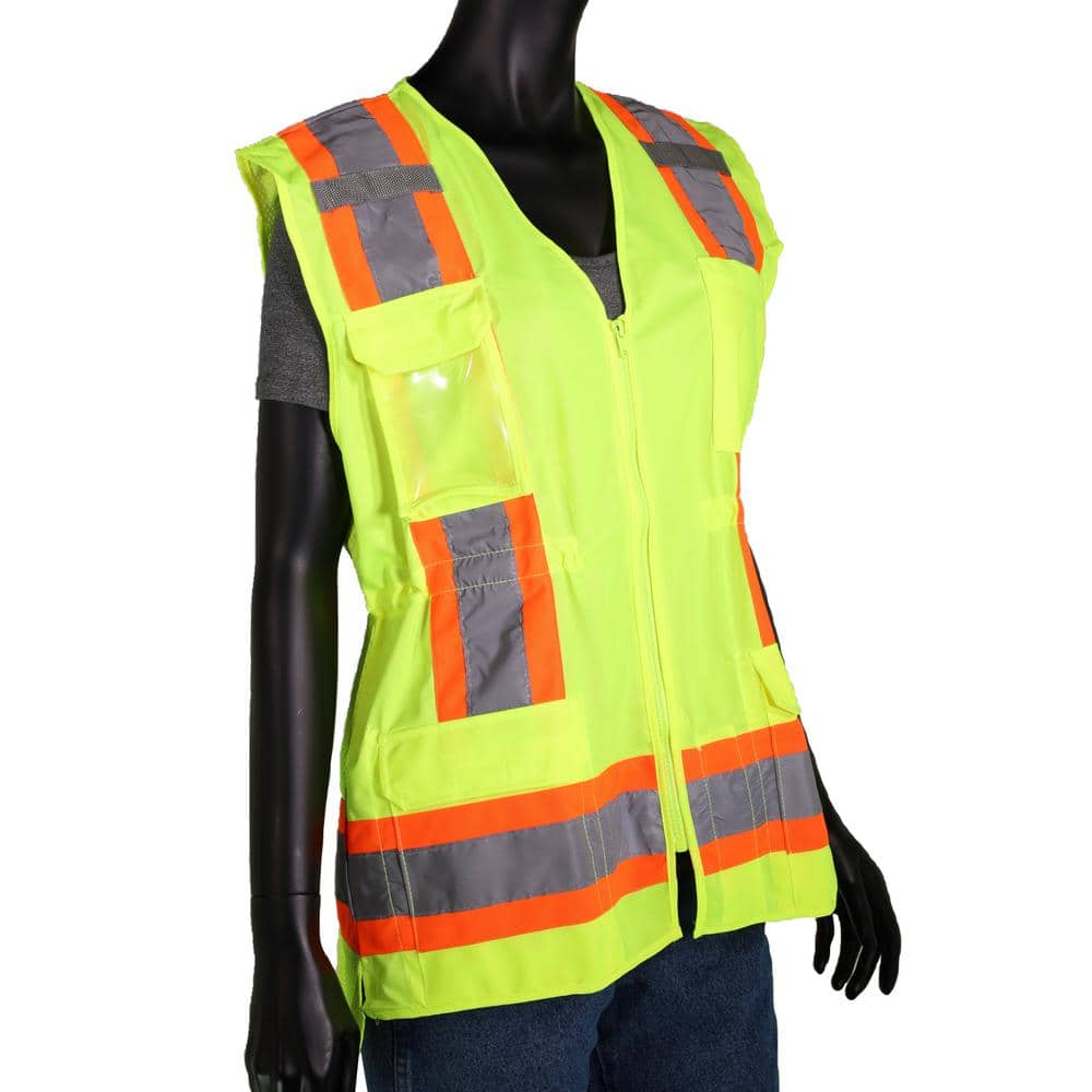 Women’s Small Hi Vis Yellow 2-Tone ANSI Type R Class 2 Contoured Surveyor’s Safety Vest with Mesh Back and (11-Pockets) - Hercitys