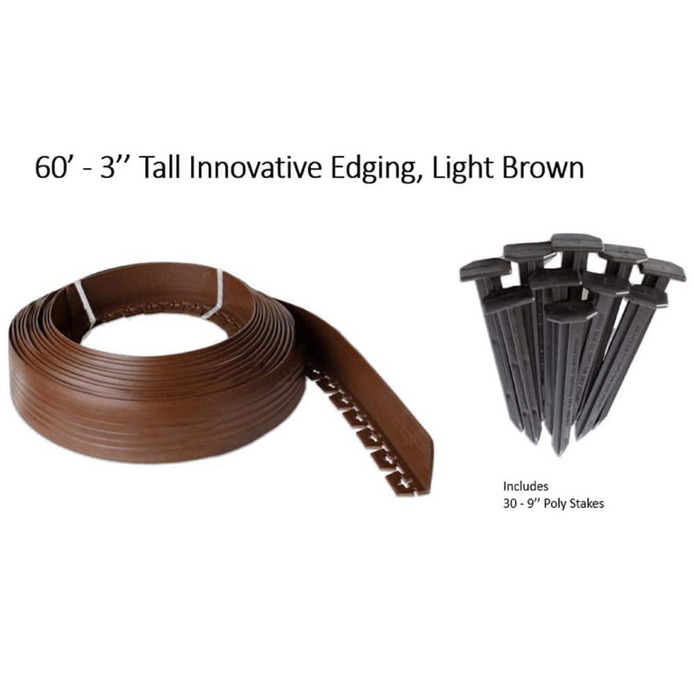 60 ft. L x 2 in. W x 3 in. H Light Brown Tall Resin Innovative Edge No Dig Edging with 9 in. Poly Stakes (30-Quantity) - Hercitys