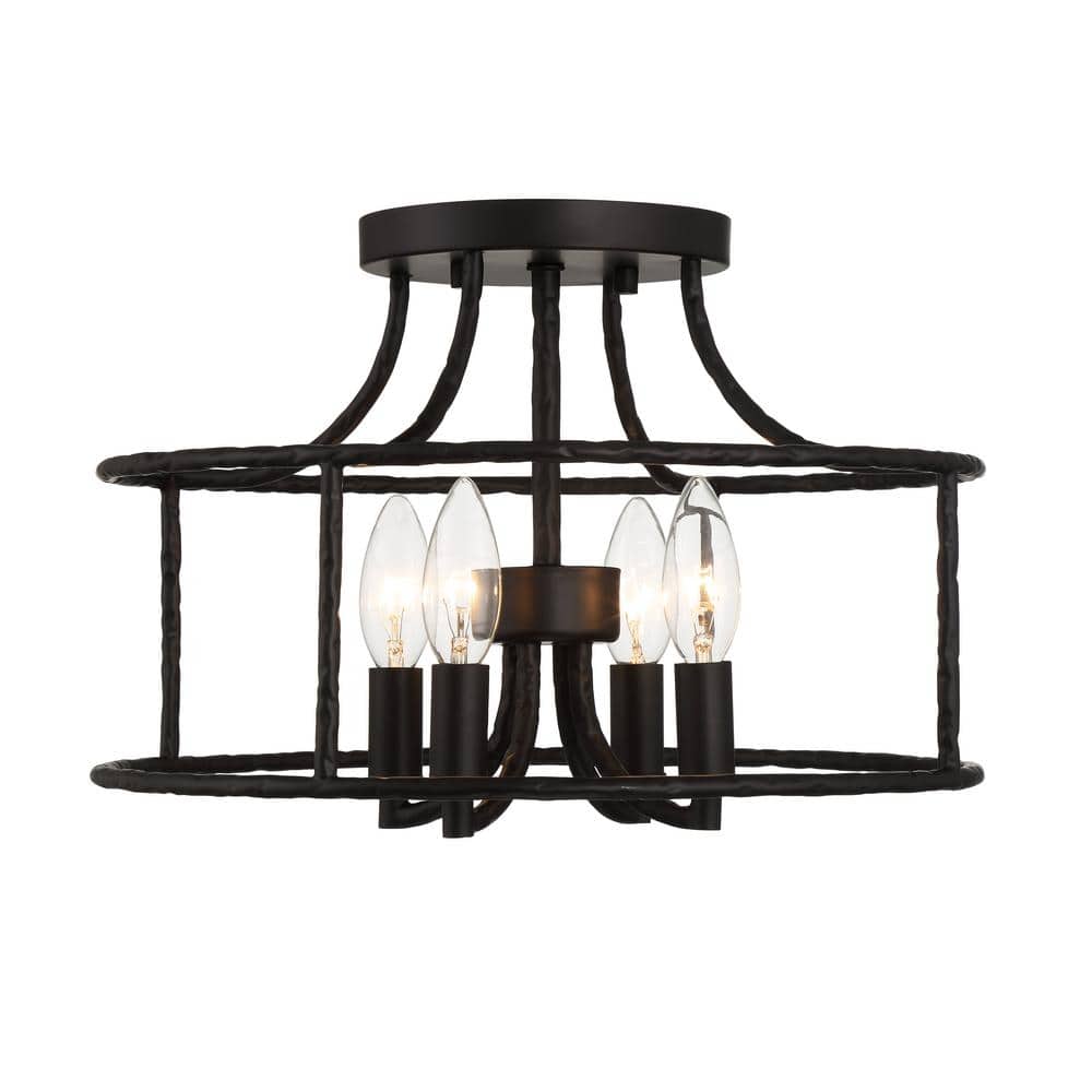 Silversadge 14 in. 4-Light Matte Black Hammered Metal Semi- Flush Mount - Hercitys