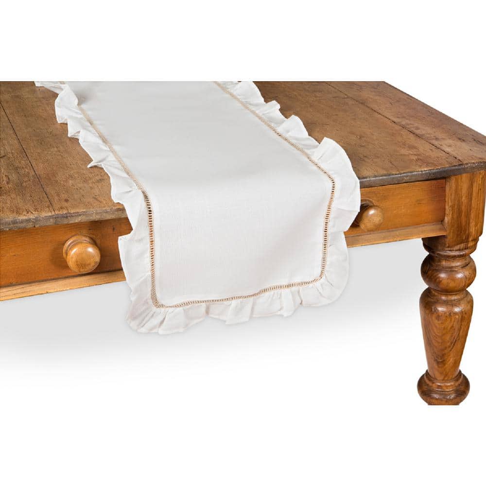 Hemstitch/Ruffle 16 in. x 72 in. Trim White and Natural Hemstitch Table Runner - Hercitys