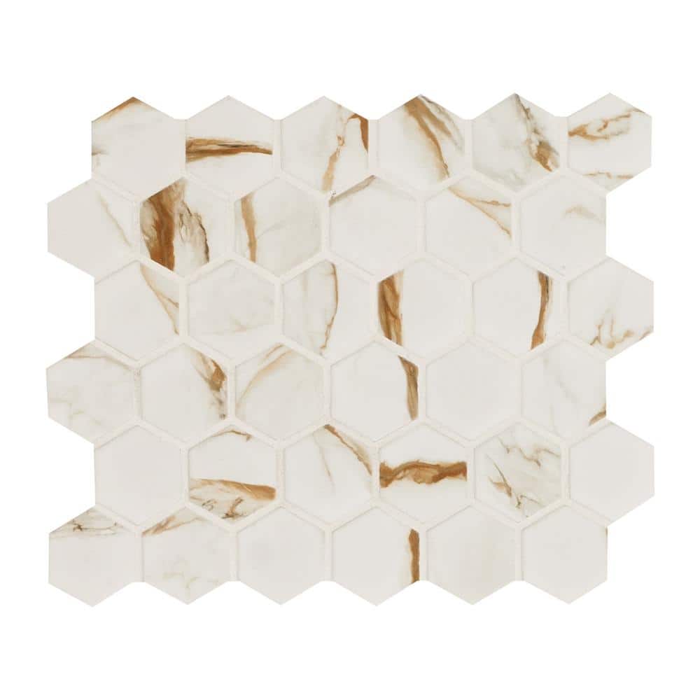 Calacatta Gold 2 in. Hexagon 12 in. x 13 in. x 0.24 in. Matte Porcelain Mesh-Mounted Mosaic Tile (14.85 sq. ft./Case) - Hercitys