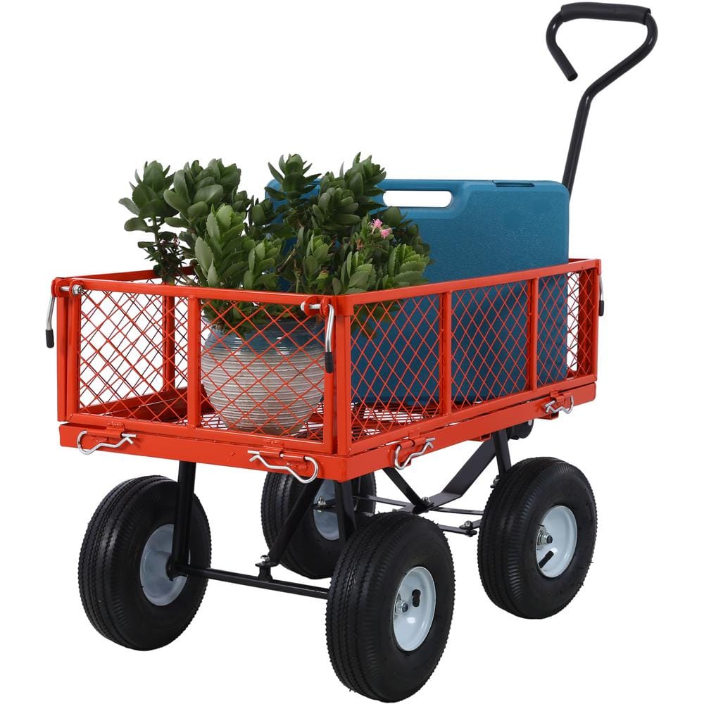 Steel Garden Cart Steel Mesh Removable Sides 3 cu. ft. 550 lbs.. Capacity in Red - Hercitys