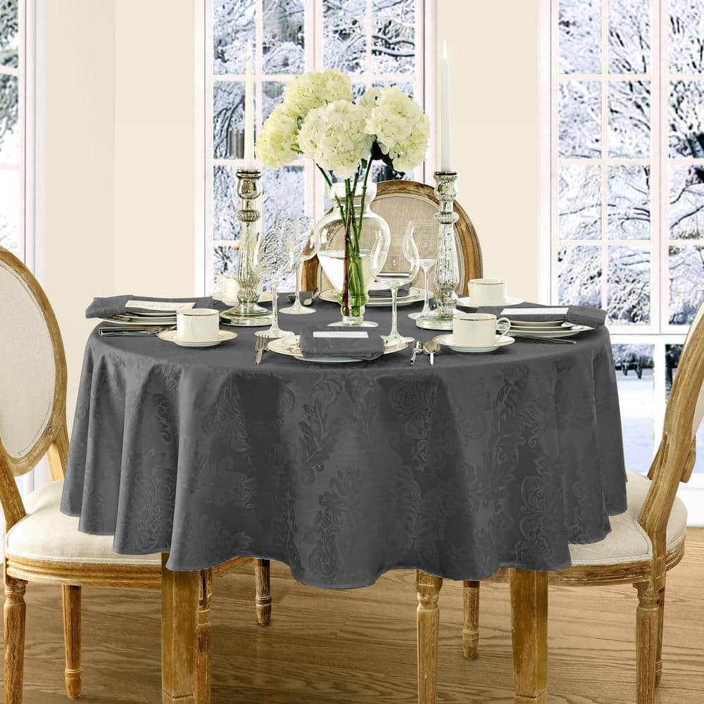 90 in. Round Gray Barcelona Damask Fabric Tablecloth - Hercitys