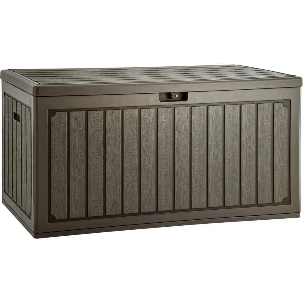 90 Gal. Double-Wall Deck Box, Large Resin Outdoor Storage Box for Patio Furniture, Lockable and Waterproof, Light Brown - Hercitys