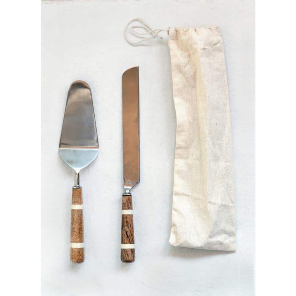 Stainless Steel Cake Knife and Server w/Wood and Horn Handles (Set of 2) - Hercitys