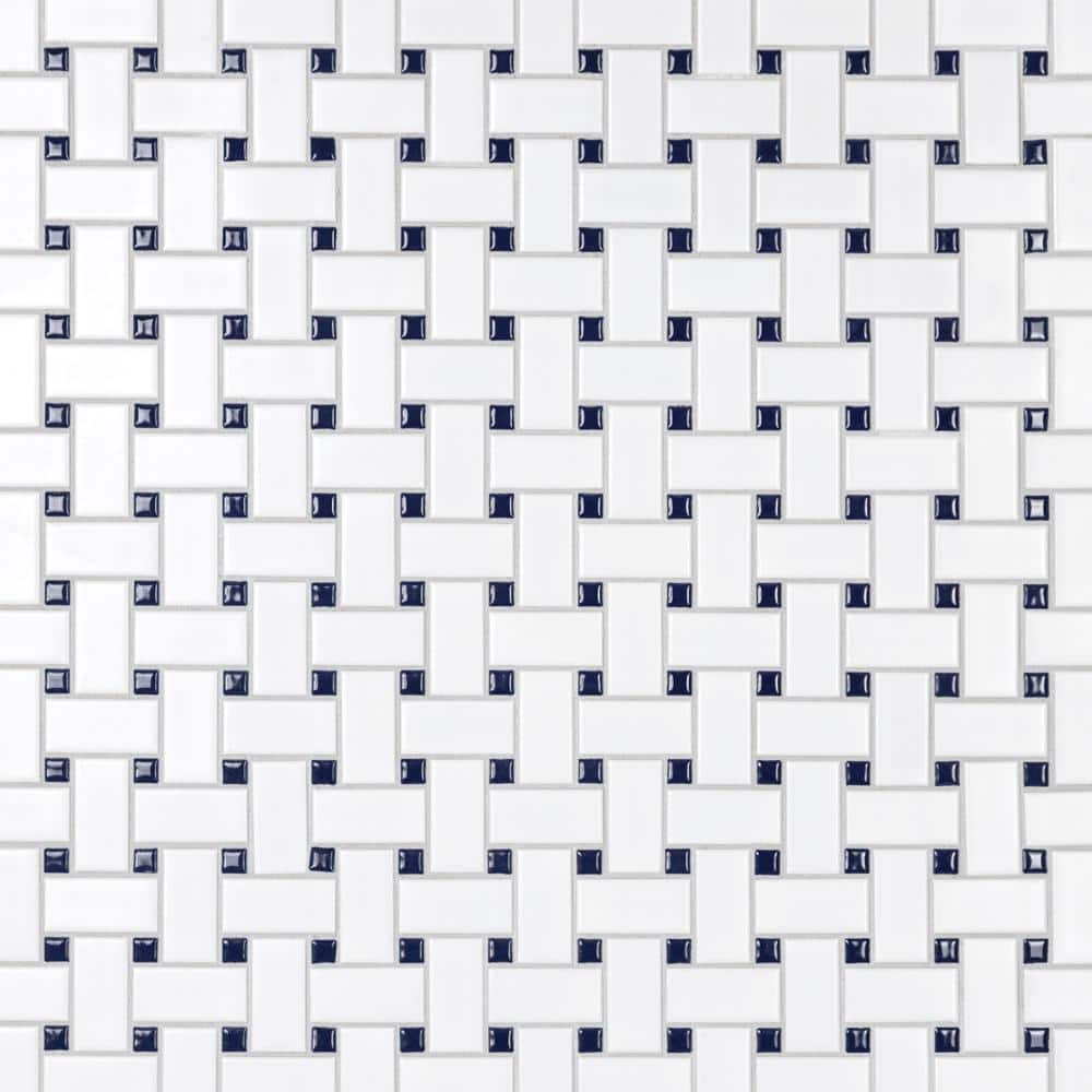 Metro Basketweave White with Glossy Cobalt Dot 11-3/4 in. x 11-3/4 in. Porcelain Mosaic Tile (9.8 sq. ft./Case) - Hercitys