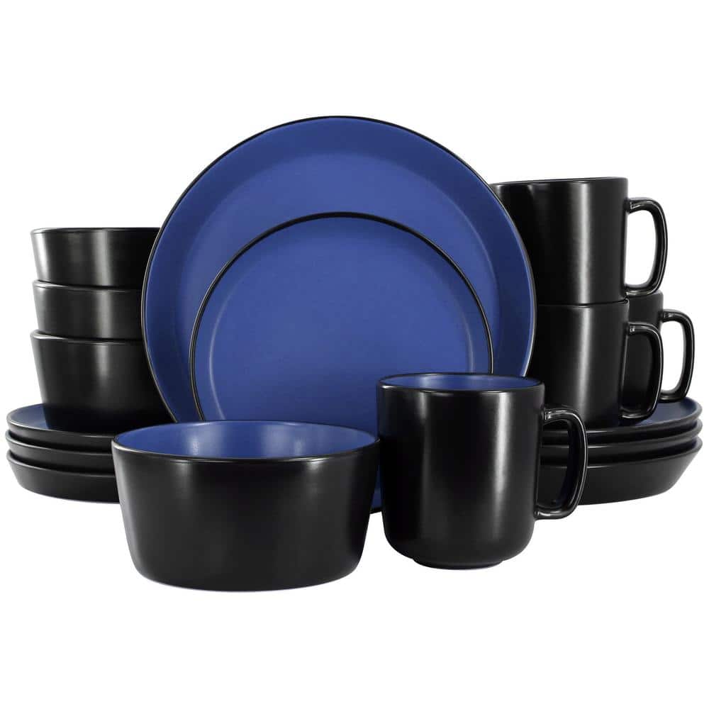 Bacarra 16 Piece Stoneware Dinnerware Set in Two Tone Black and Blue Service for 4 - Hercitys