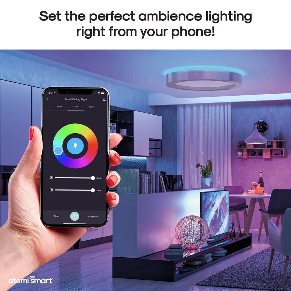 Smart WiFi 16 in. LED 1-Light White and Color Changing Brushed Nickel Smart WiFi LED Flush Mount Ceiling Light - Hercitys