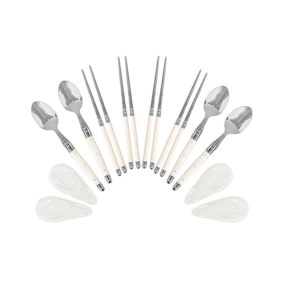 French Home Faux Ivory Chopsticks, Laguiole Spoons and Ceramic Rests, Set of 4 Pairs - Hercitys