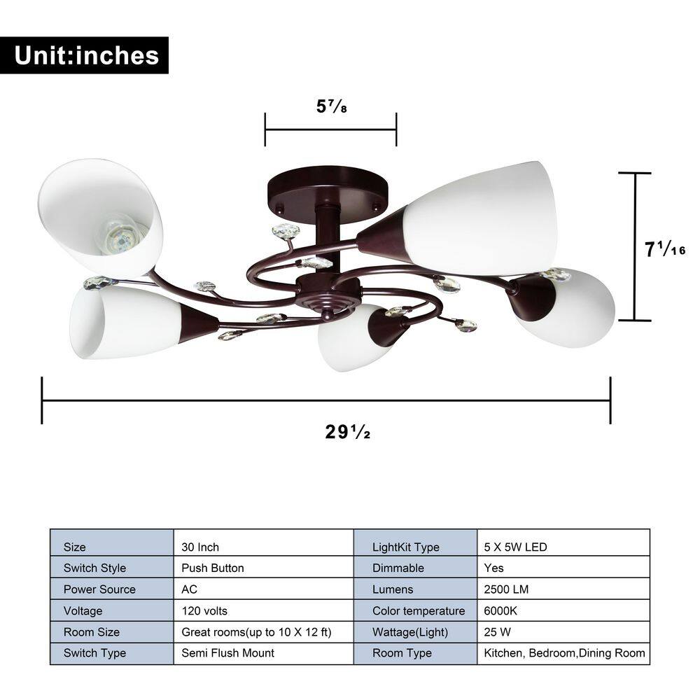 Modern Brown 5-Light 30 in. Semi-Flush Mount Ceiling Light with White Glass Shade for Bedroom, Kitchen and Dining Room - Hercitys