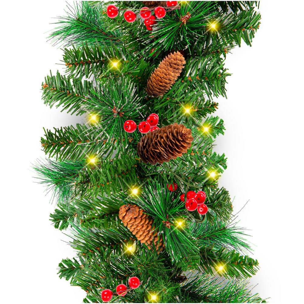 9 ft. Battery Operated Pre-Lit LED Artificial Christmas Garland with Silver Bristles, Pine Cones, Berries - Hercitys