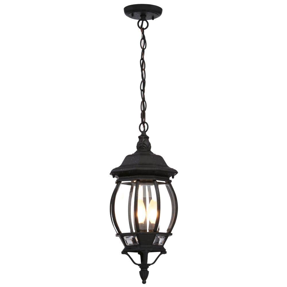 Central Park 20 in. 3-Light Textured Black Outdoor Pendant Light with Clear Beveled Glass and No Bulbs Included - Hercitys