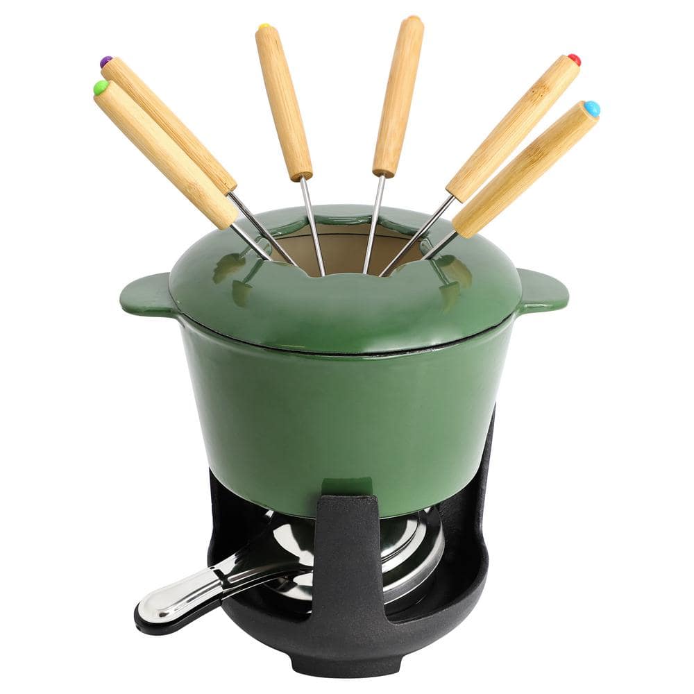 Enameled Cast Iron Fondue Pot with 6-Serving Forks in Green - Hercitys