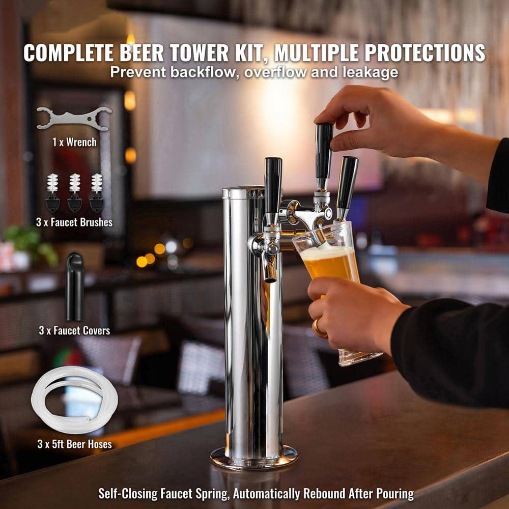 Silver Triple Tap Draft Beer Tower Dispenser, Stainless Steel Keg Tower Kit Pre-Assembled Tubing, Self-Closing Faucet - Hercitys