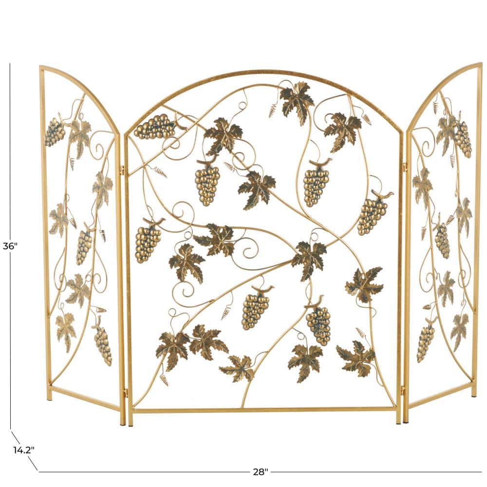 Gold Metal Fruit Foldable 3 Panel Fireplace Screen with Leaf Accents - Hercitys