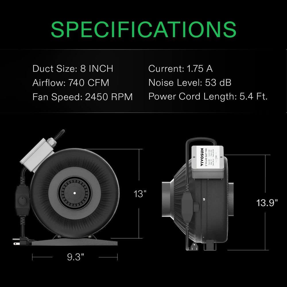 Z8 8 in. 740 CFM Inline Duct Fan with Variable Speed Controller for Grow Tent, Indoor Garden Ventilation - Hercitys