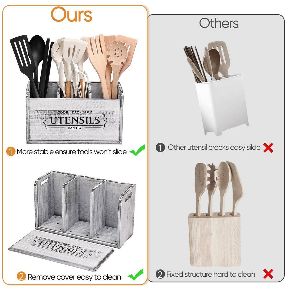 Wooden 3-Compartment Utensil Holder 11.8 in. L x 4.7 in. W x 6.7 in. H in. DRustic Vintage Farmhouse Wood Flatware Caddy - Hercitys