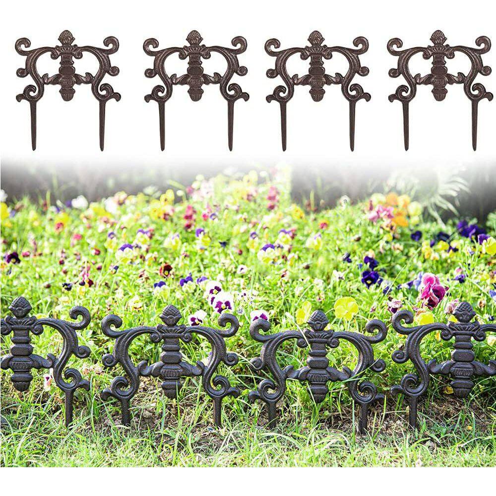 Decorative Cast Iron Flower Bed Edging 9.4 Tall Heavy Duty Garden Fence Scrollwork Fleur de Lis Design 4PC Set - Hercitys
