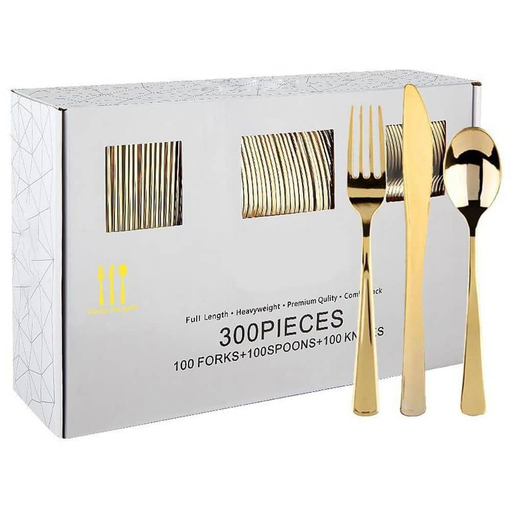 Gold Plastic Silverware Set – 300-Pieces Heavy Duty Disposable Cutlery for Parties - Hercitys