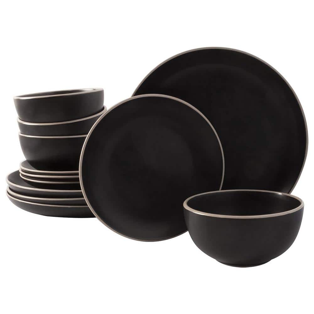 Rockaway 12-Piece Stoneware Dinnerware Set in Black - Hercitys