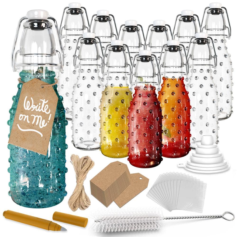 8.5 oz. Dotted Round Swing Top Glass Bottles with Funnel, Bottle Brush, Tags, Shrink Wrap (Set of 12) - Hercitys