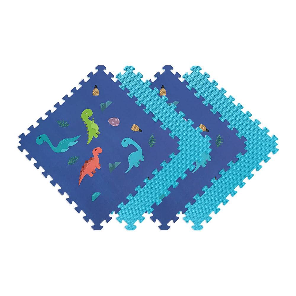 Reversible Dino/Aqua Children’s Designer 24 in. x 24 in. x 0.47 in. Foam Mats (4-Pack) - Hercitys