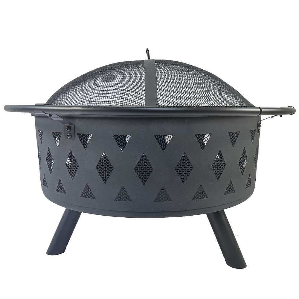 Round Fire Pit with Net Cover, Fire Poker, Diamond Mesh, Metal Wood Burning Outdoor Fire Pit, for Backyards, Gardens - Hercitys