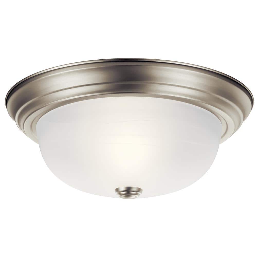 Independence 13.25 in. 2-Light Brushed Nickel Traditional Hallway Flush Mount Ceiling Light with Alabaster Swirl Glass - Hercitys