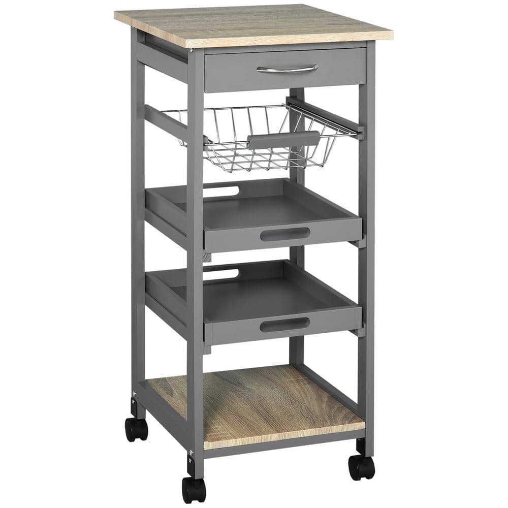 Gray Wood 14.5 in. Kitchen Island Trolley Serving Cart with Underneath Drawer and Slide-Out Wire Storage Basket - Hercitys