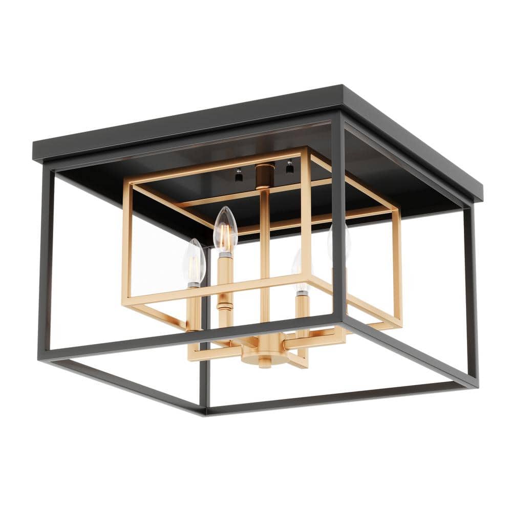 Modern 14.96 in. 4-Light Square Flush Mount Industrial Black Gold Metal Ceiling Light - Hercitys