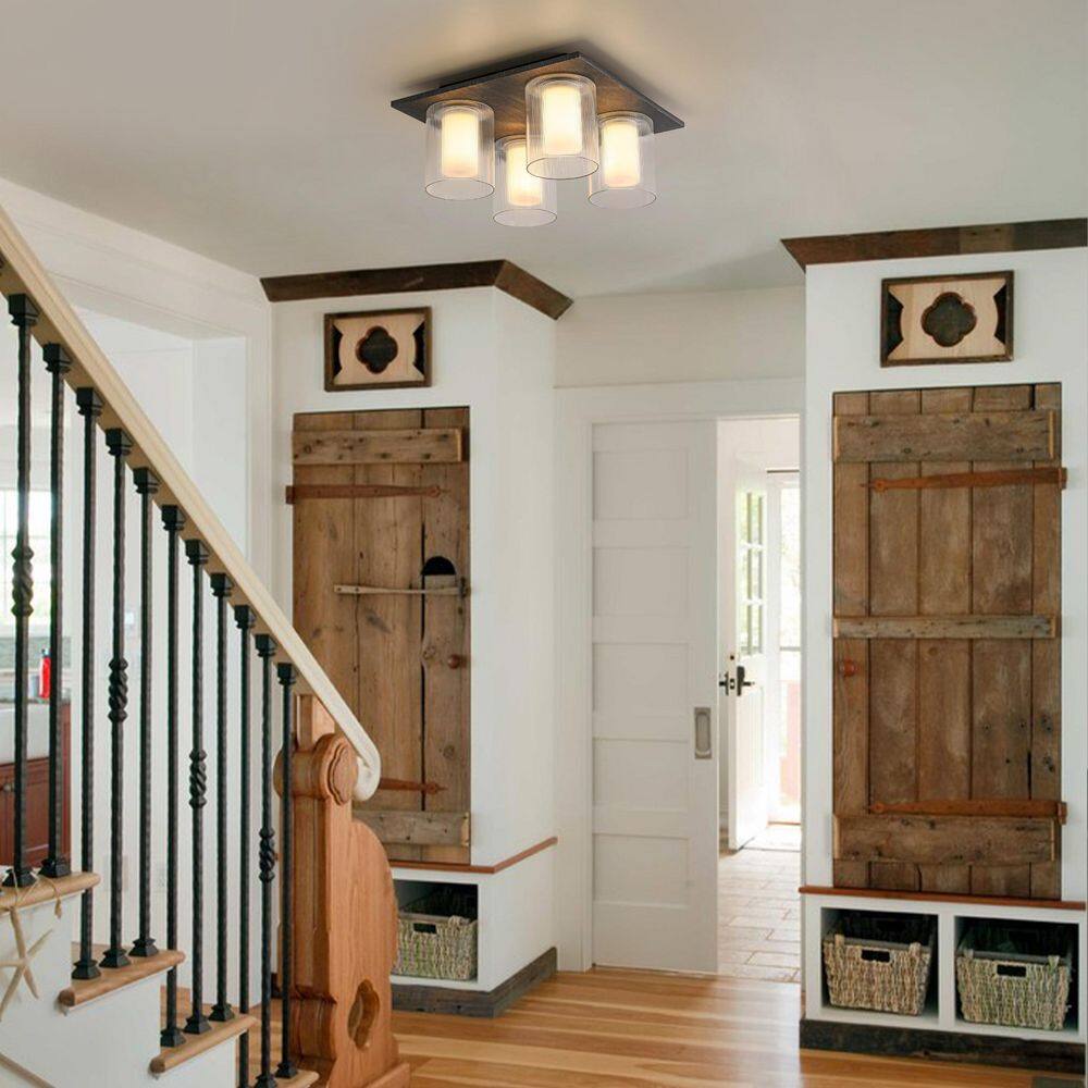 Miguel 4-Light 13.8 in. W Gray Wood LED Flush Mount MDF Ceiling Light with Round Tube Stripe Glass for Kitchen - Hercitys