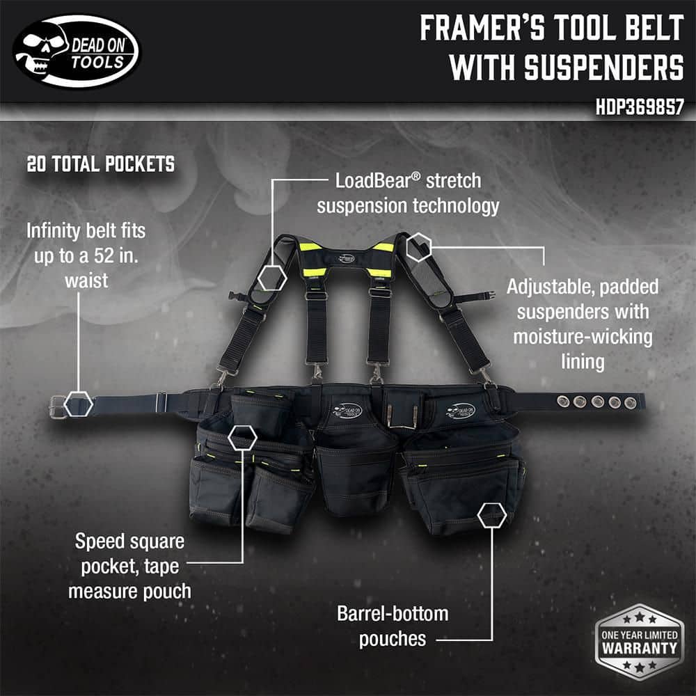 Professional Framers Work Tool Belt Tool Storage Suspension Rig with LoadBear Suspenders and 3 Tool Pouches in Black - Hercitys