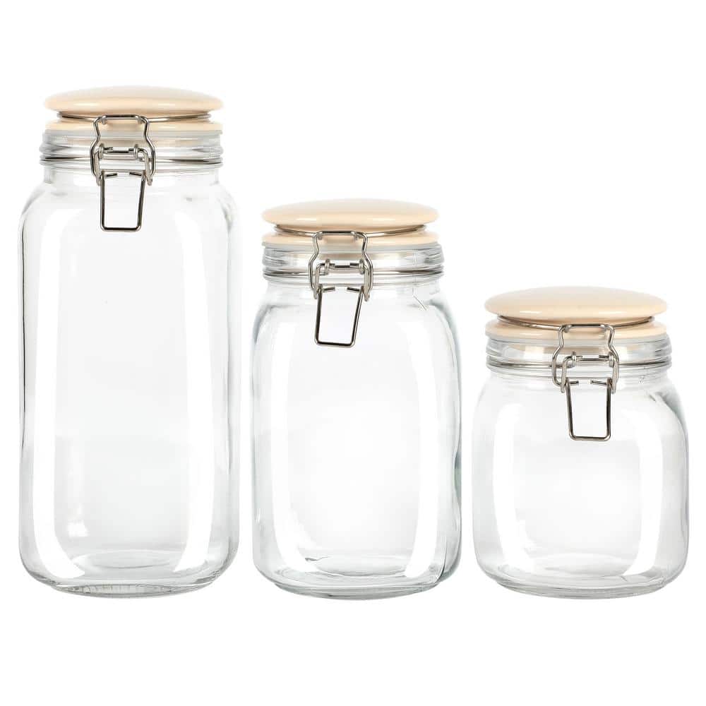 Rindleton 3-Piece Glass Canister Set with Ceramic Lids in Off-White - Hercitys