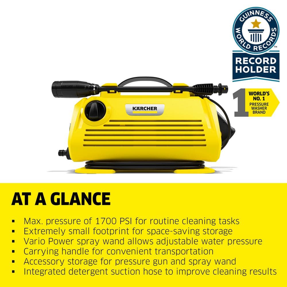 K 2 Horizontal Cold Water Electric Power Pressure Washer, 1700 PSI, 1.4 GPM, 1-Spray Wand, Pressure Hose, Compact Design - Hercitys