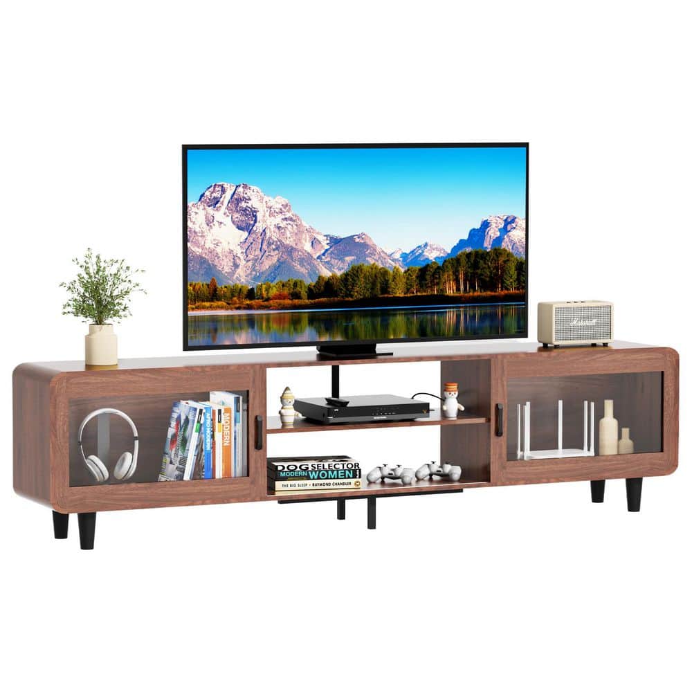 Walnut TV Stand: Fits 55-70 in. TVs, with Power Outlets, Sliding Doors and Open Shelf for Living Room - Hercitys