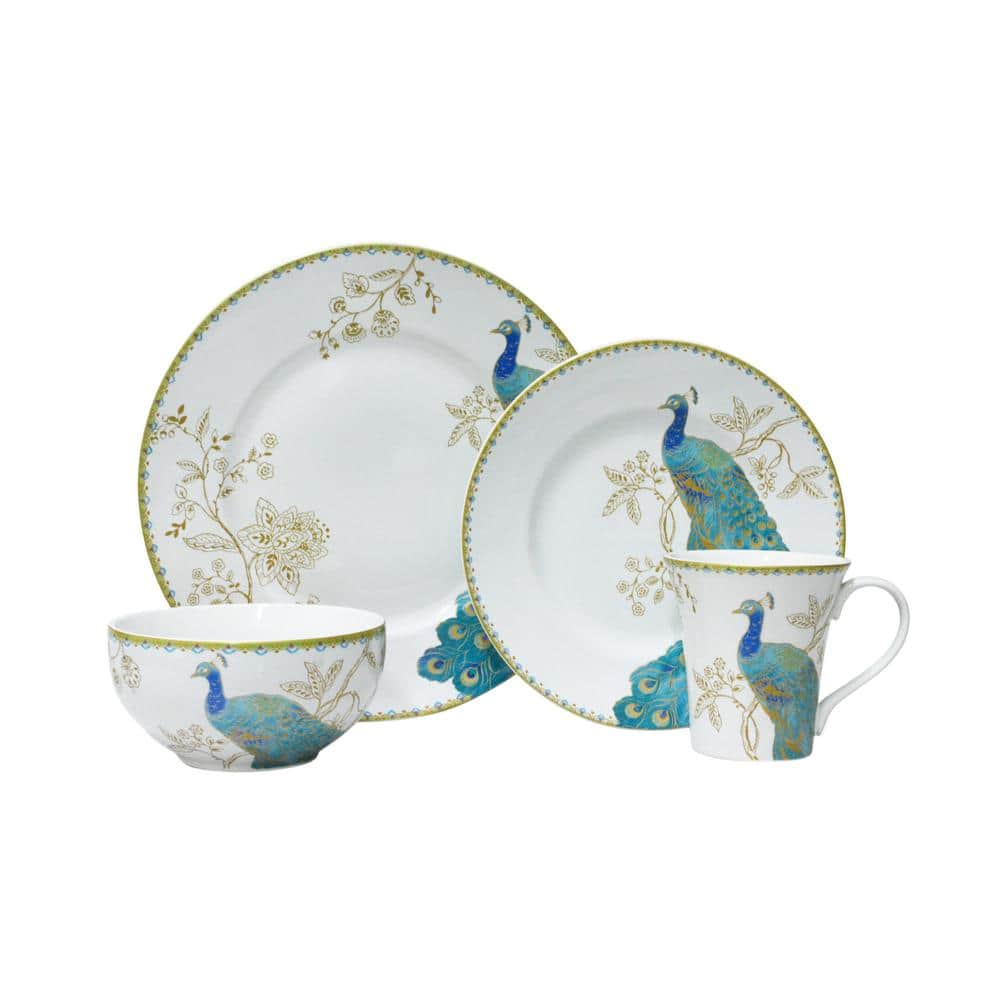 Peacock Garden 16-Piece Casual Blue Porcelain Dinnerware Set (Service for 4) - Hercitys