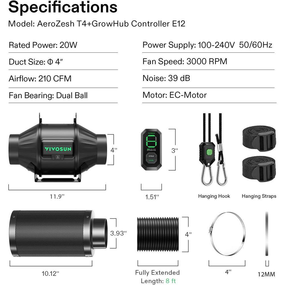 AeroZesh T4 4 in. 210 CFM Inline Duct Fan Kit with E12 Speed Controller, Black Carbon Filter and 8 ft. Ducting - Hercitys