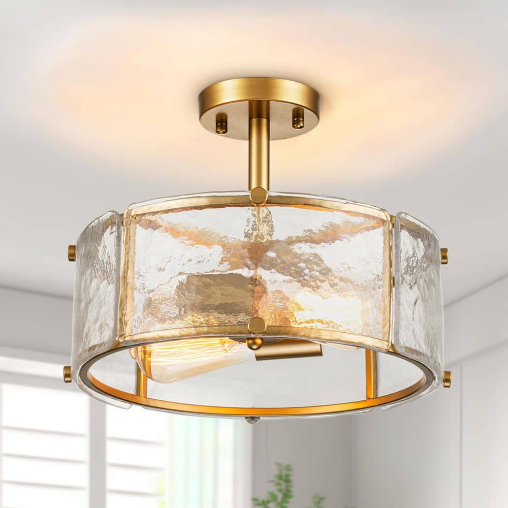 Modern 2-Light 12.8 in. Gold Semi Flush Mount Ceiling Light with Water Ripple Glass Shades for Bedroom, Kitchen - Hercitys