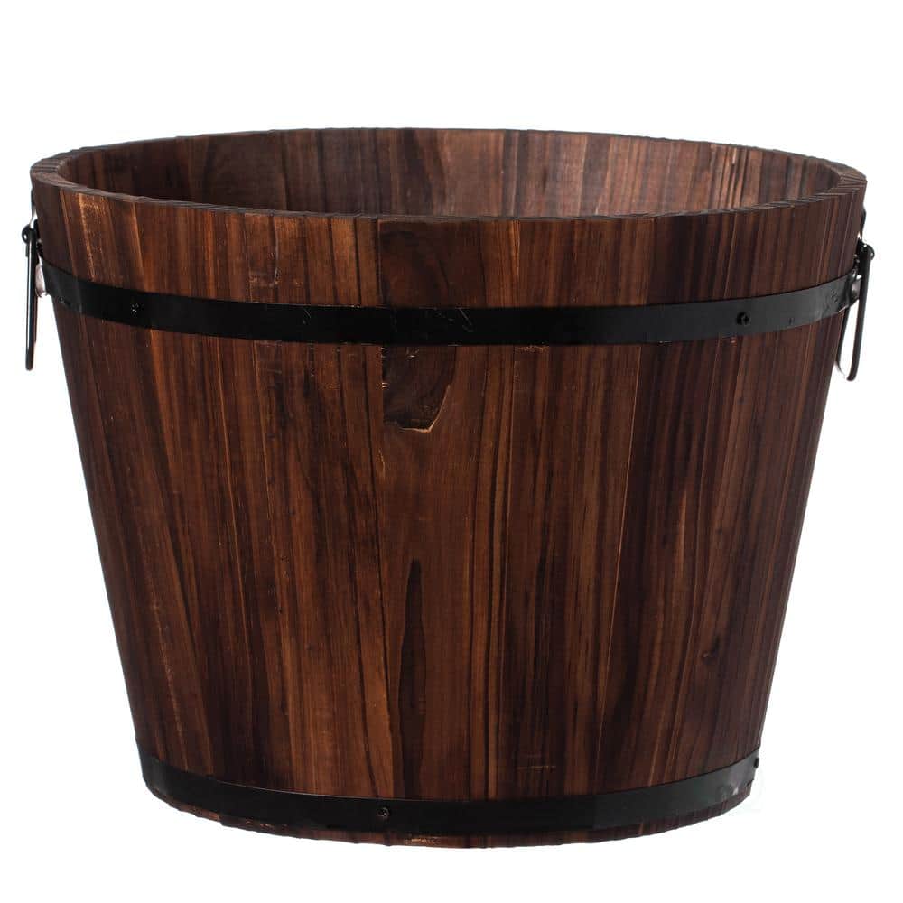 Rustic Wooden Whiskey Barrel Planter with Durable Medal Handles and Drainage Hole – Medium - Hercitys