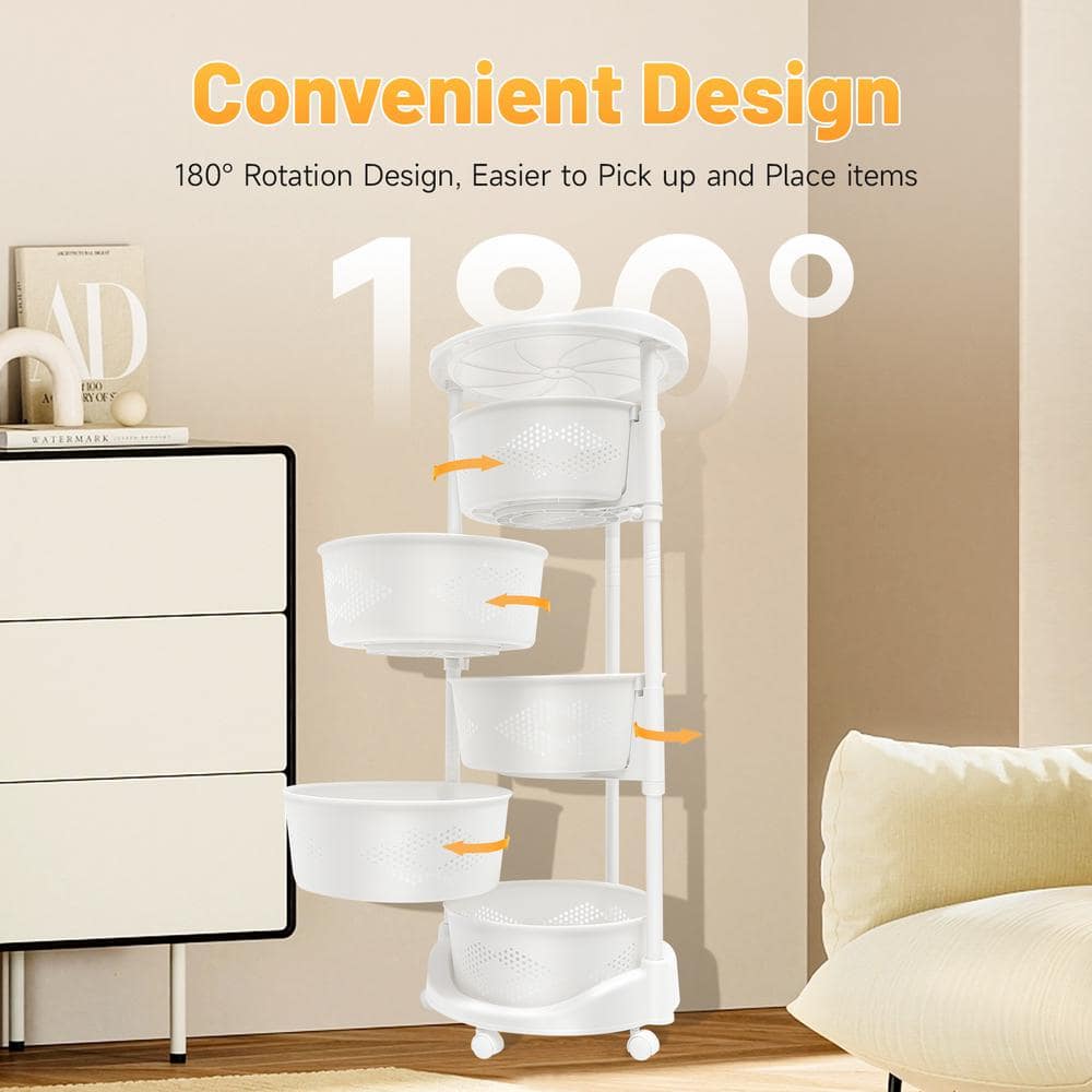 White Rolling 5-Tier Plastic PP Storage Basket Shelving Unit (14 in. W x 36 in. H x 14 in. D) - Hercitys