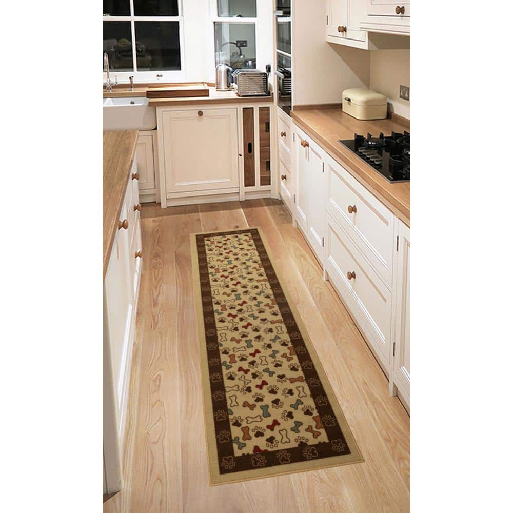 Pet Collection Bones & Paws Design Beige 2 ‘ Width x 7’ Your Choice Length Slip Resistant Rubber Stair Runner Rug - Hercitys
