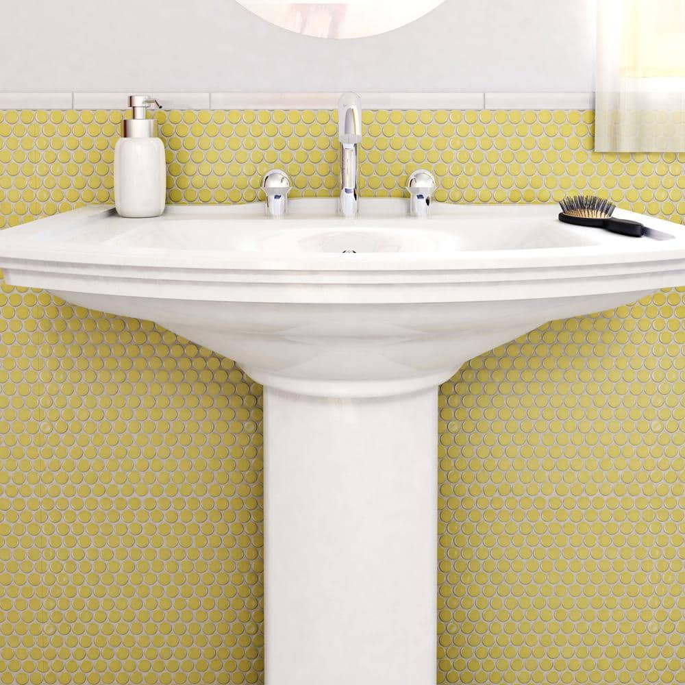 Hudson Penny Round Vintage Yellow 12 in. x 12-5/8 in. Porcelain Mosaic Tile (10.7 sq. ft./Case) - Hercitys