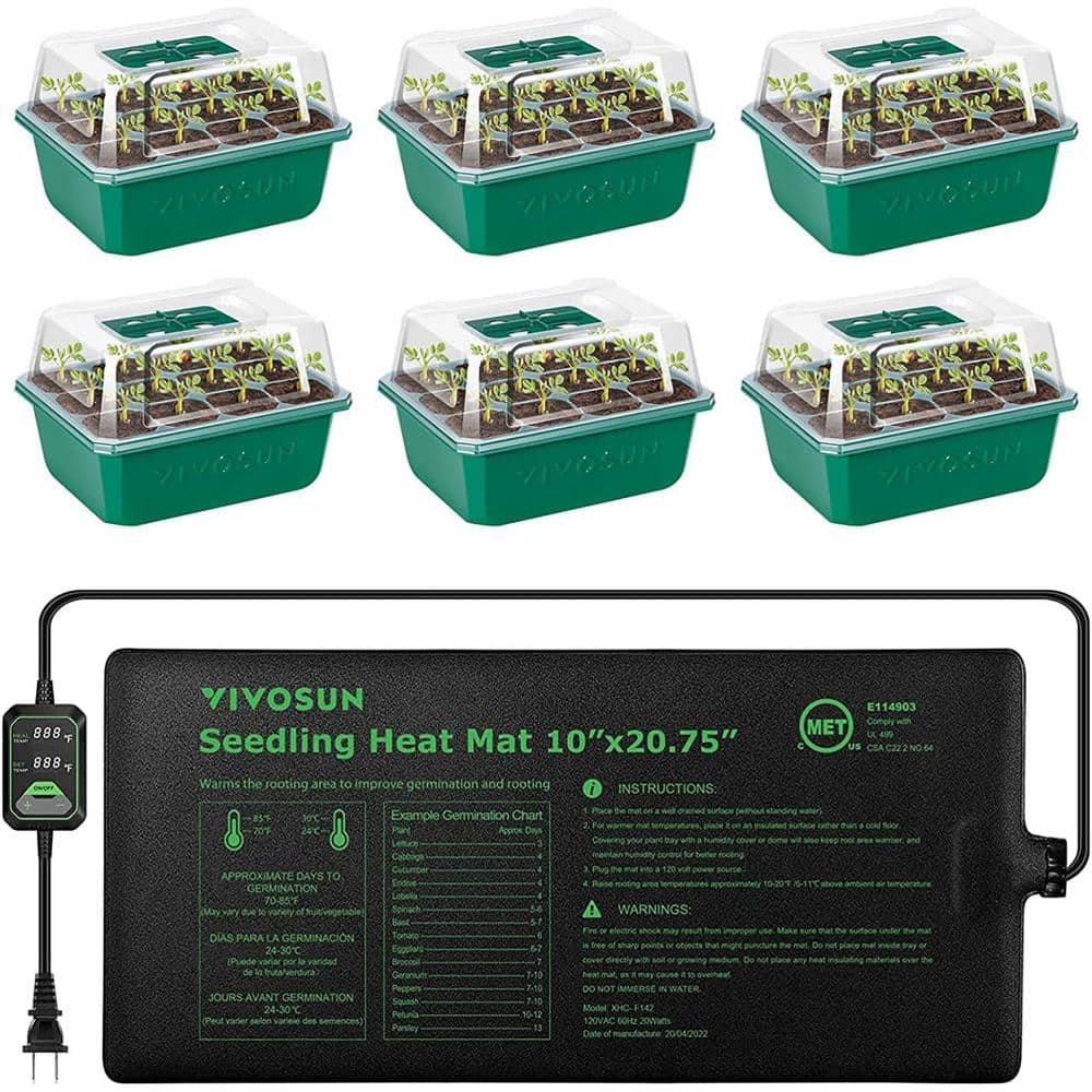 72-Cell Seed Starter Kit with 10 in. x 20.75 in. Seedling Heat Mat and Controller (6-Pack) - Hercitys