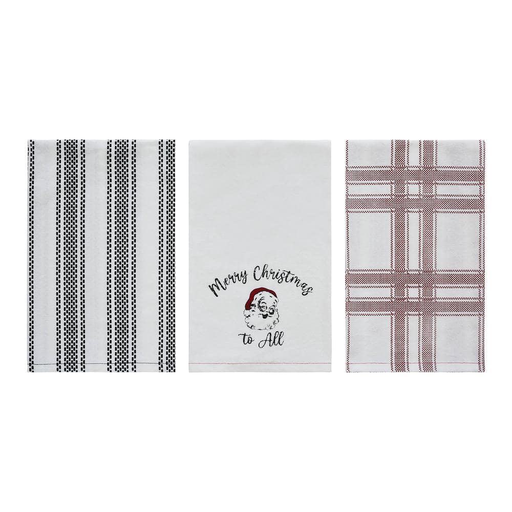 Annie Black White Red Seasonal Vintage Santa Cotton Blend Kitchen Tea Towel Set (Set of 3) - Hercitys