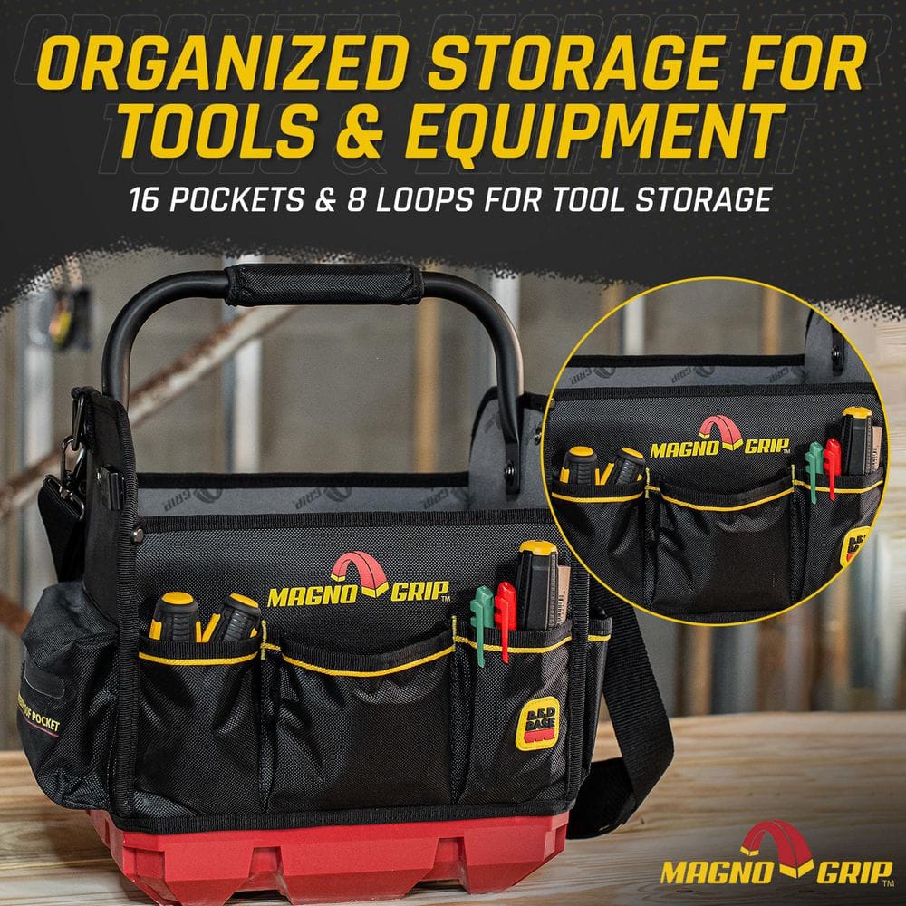 RED Base Series 12 in. 16-Pocket Tool Tote, 8 Loops, Comfort Grip Steel Handle, Adjustable Padded Shoulder Strap - Hercitys