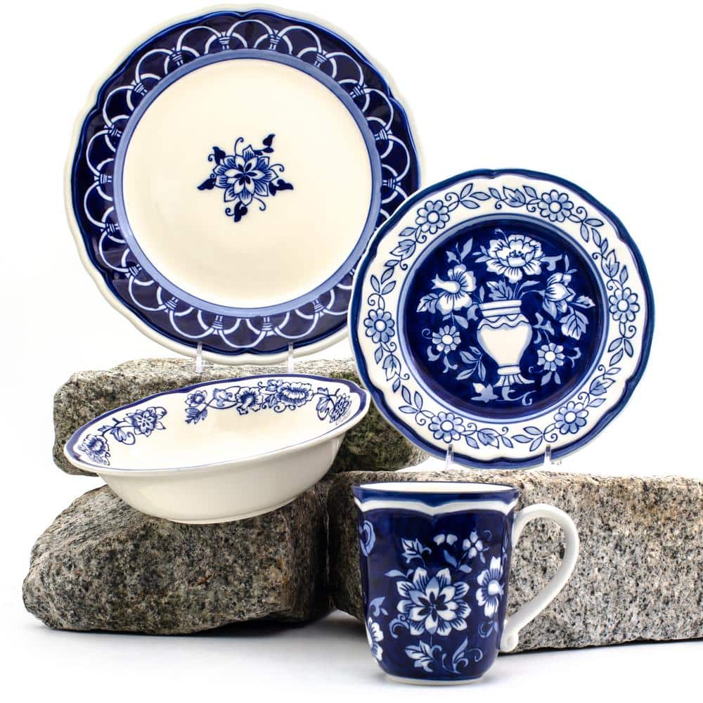 Blue Garden 16-Piece Asian Inspired Blue and White Stoneware Dinnerware Set (Service for 4) - Hercitys
