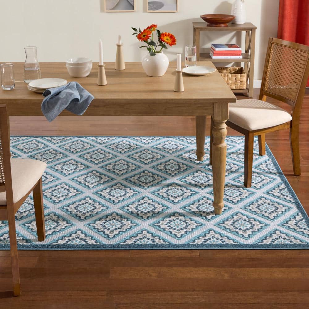 Brooks Retro Blue/Multicolor 5 ft. x 7 ft. Geometric Indoor/Outdoor Patio Area Rug - Hercitys